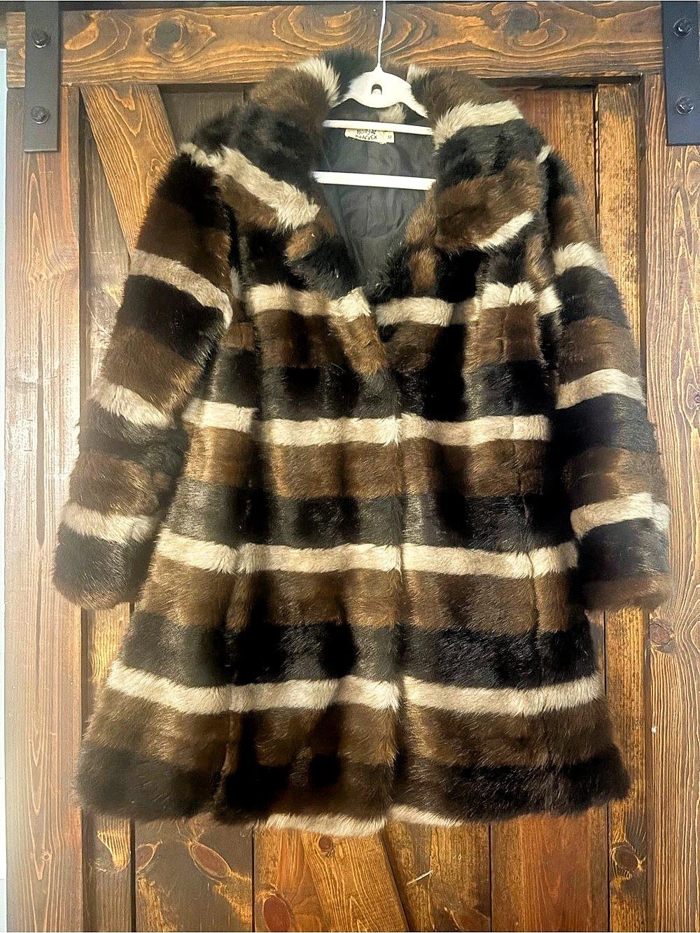 Holly Pracken Striped Faux Fur Coat in Brown & Black Size Medium